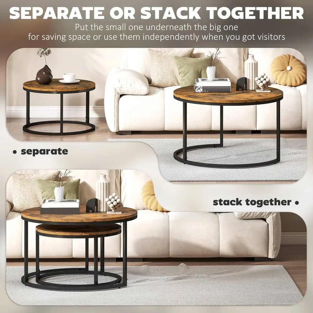 HOMCOM 2 Pcs Stacking Coffee Table Set with Steel Frame in Brown 5