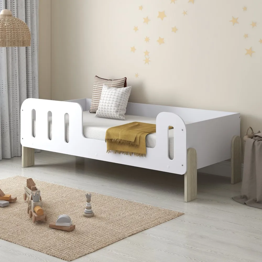 Lola - Single – Kids Bed with Side Rails – White/Pale Wood - Particleboard - 3ft