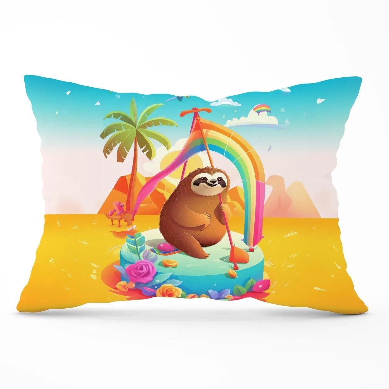 Warren Reed - Designer Sloth On A Beach Holiday Cushions in Yellow