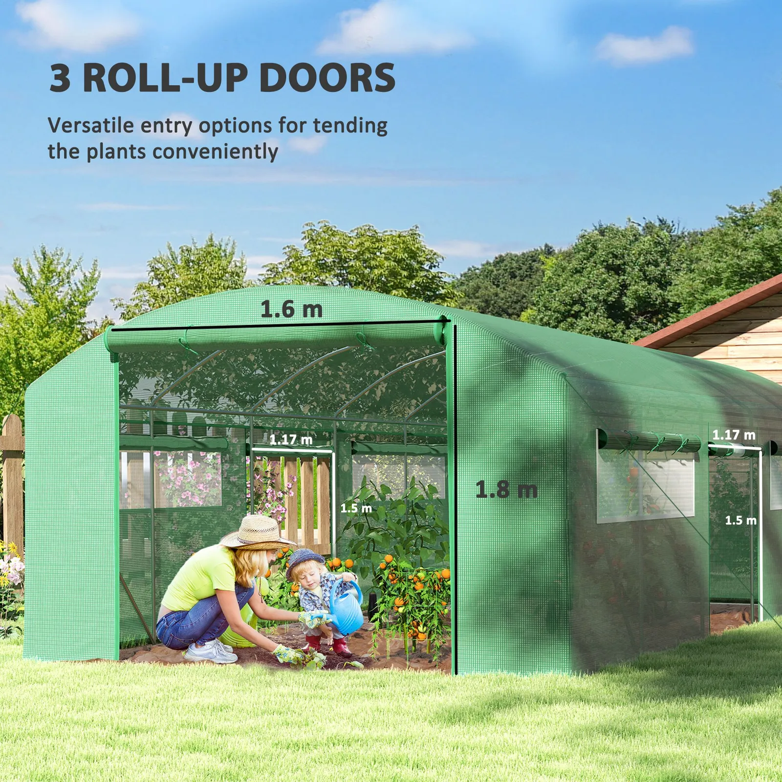 OUTSUNNY Polytunnel Greenhouse with 3 Roll-up Doors, 6 x 3 x 2m, Green 4