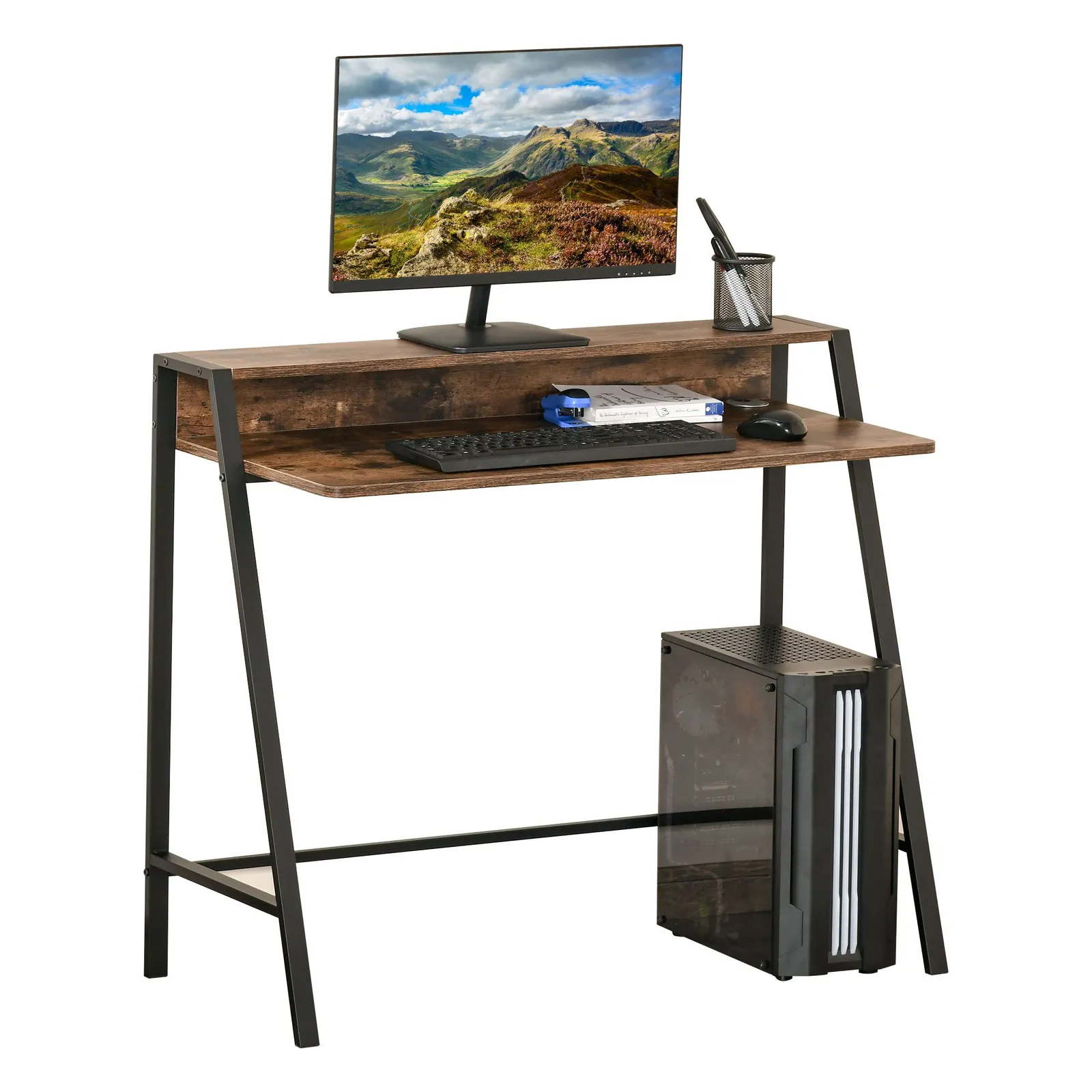 HOMCOM 2-Tier Storage Computer Workstation Metal Frame Rustic Brown 84cm 2