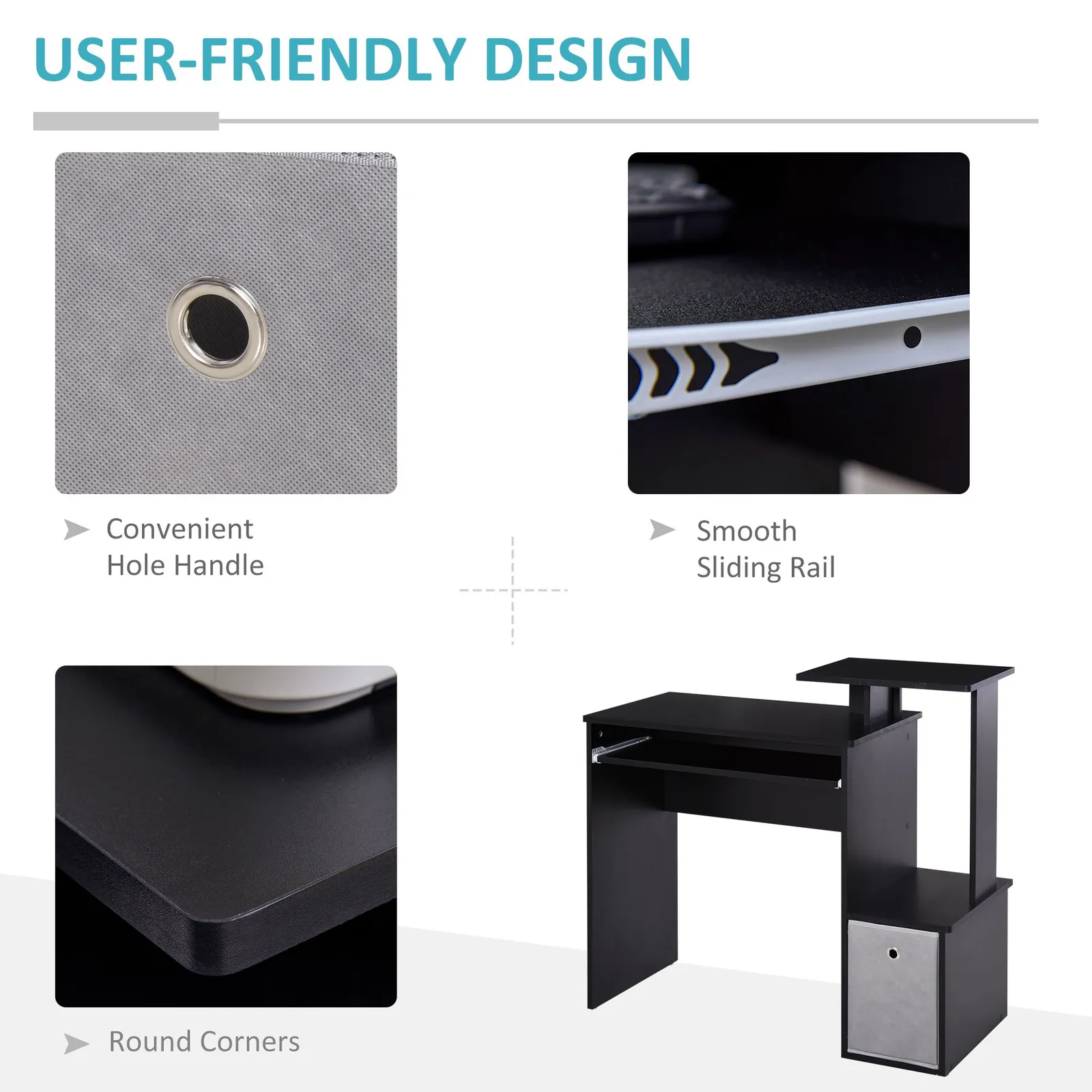 HOMCOM Computer Desk with Sliding Keyboard Tray Storage Drawer Shelf in Black 6