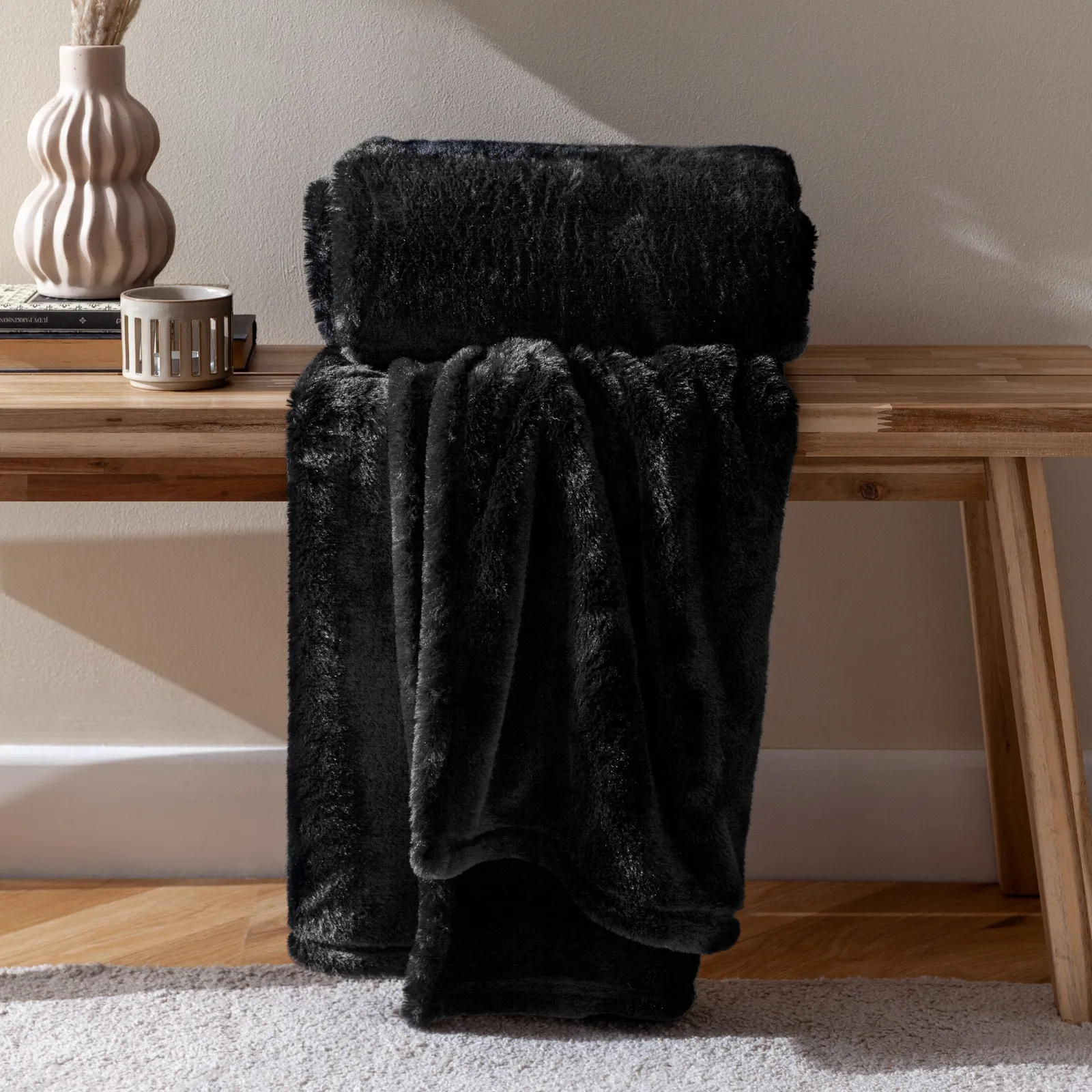Furn Kallu Reversible Faux-Fur Throw in Black