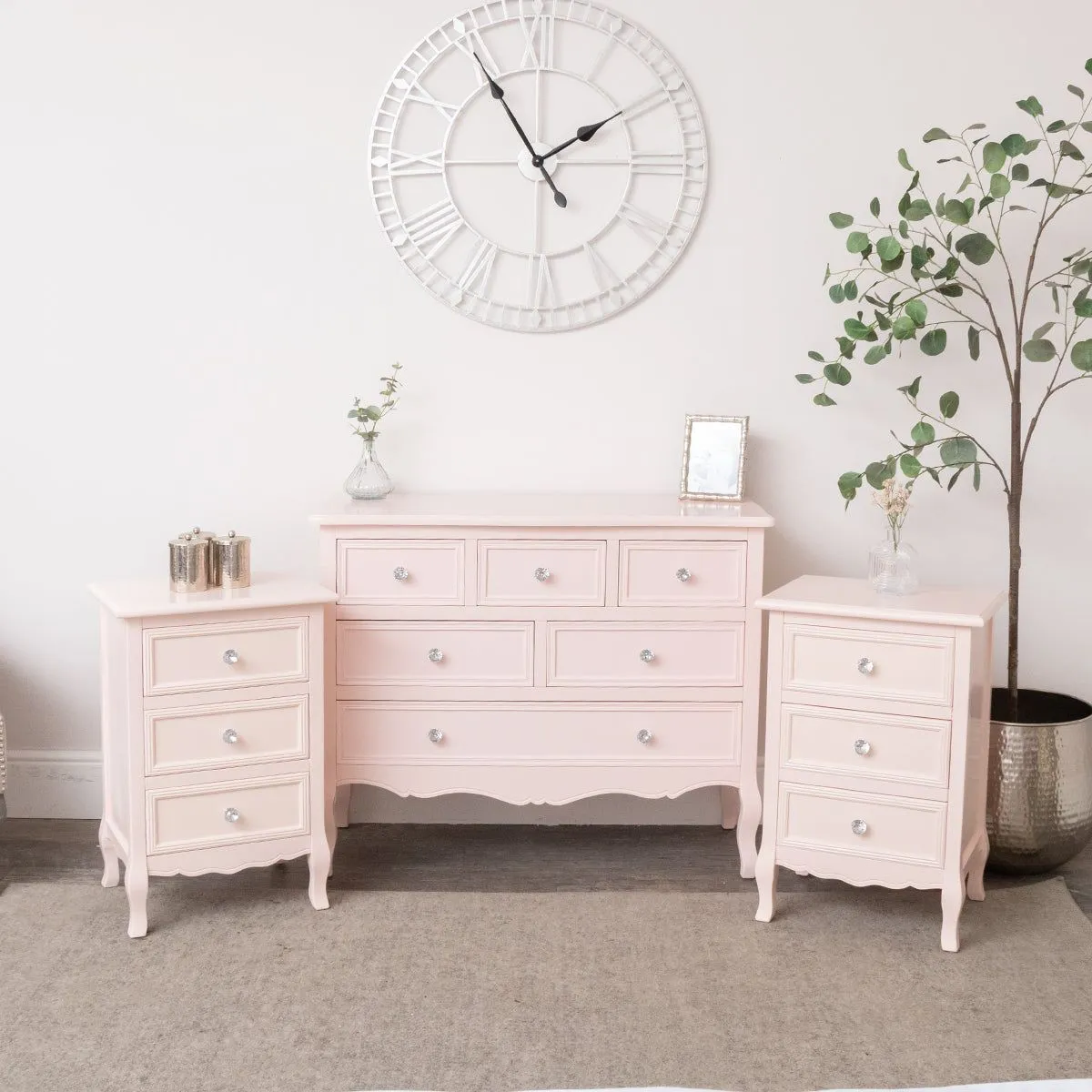 Melody Maison Large Pink 6 Drawer Chest Of Drawers & Pair Of 3 Drawer Bedsides - Sophia Pink Range in Pale Pink