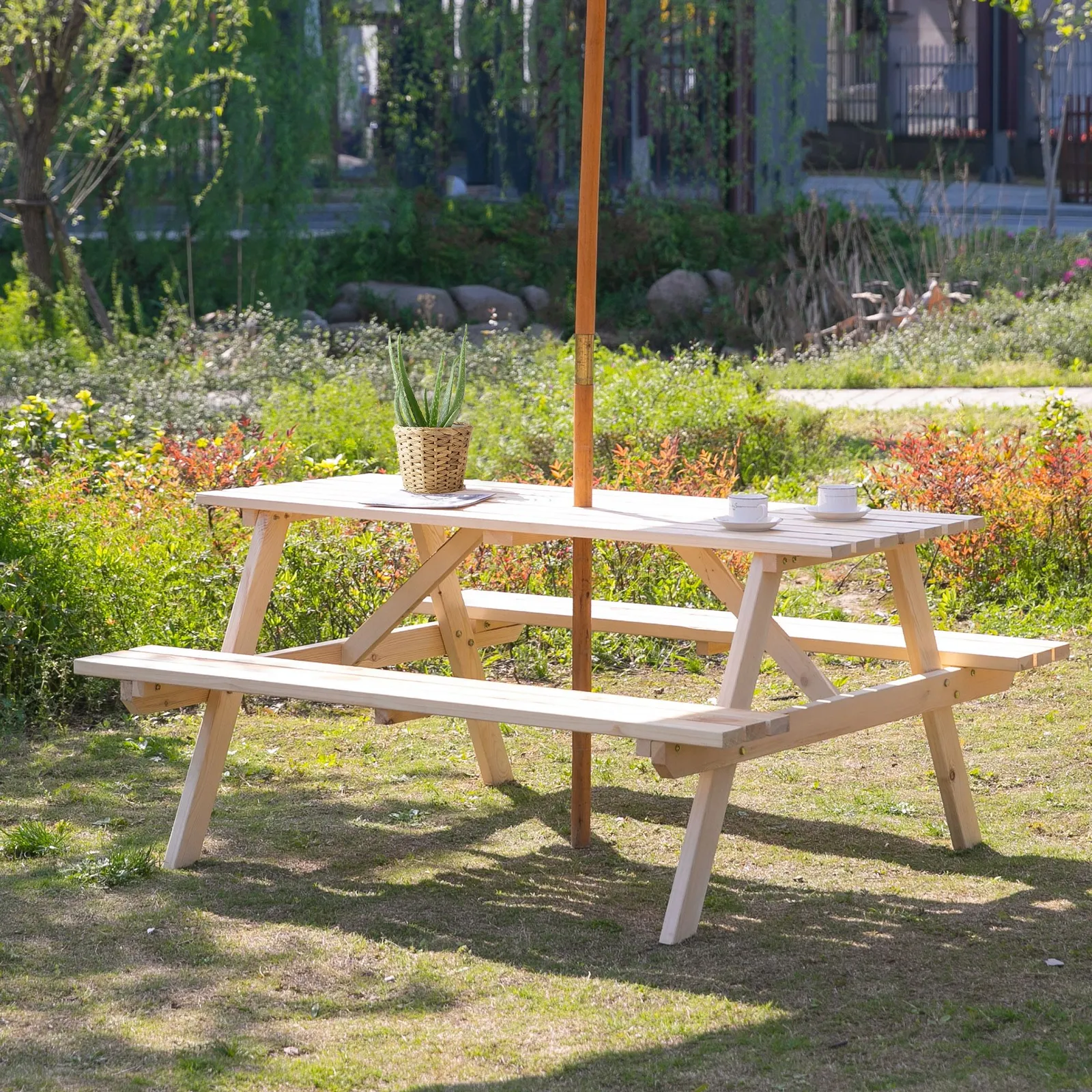 OUTSUNNY 5.8FT Outdoor Wooden Picnic Table Bench Garden Patio Chair 6 Seats in Natural