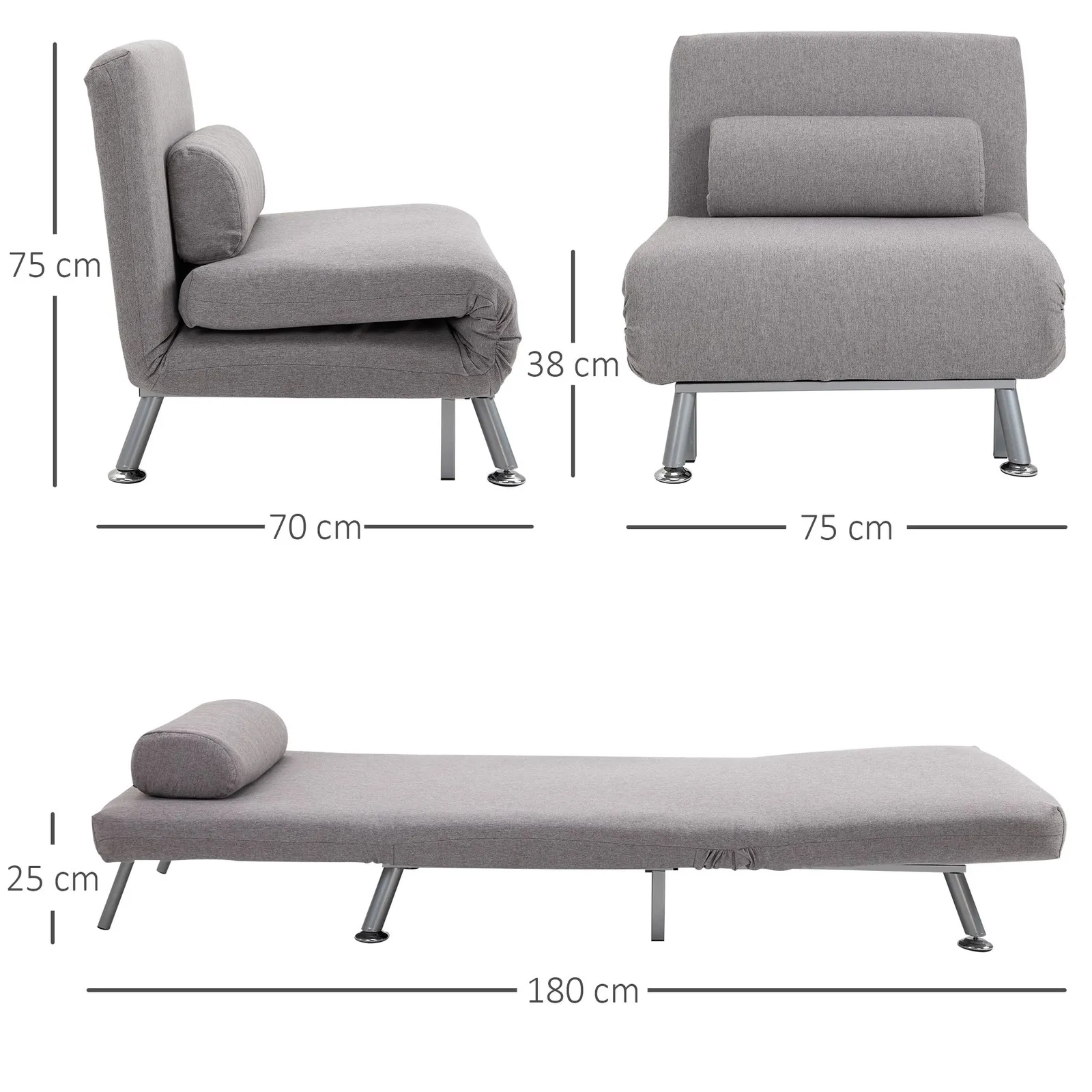 HOMCOM Single Folding 5 Position Convertible Sleeper Chair Sofa Bed in Dark Grey 3