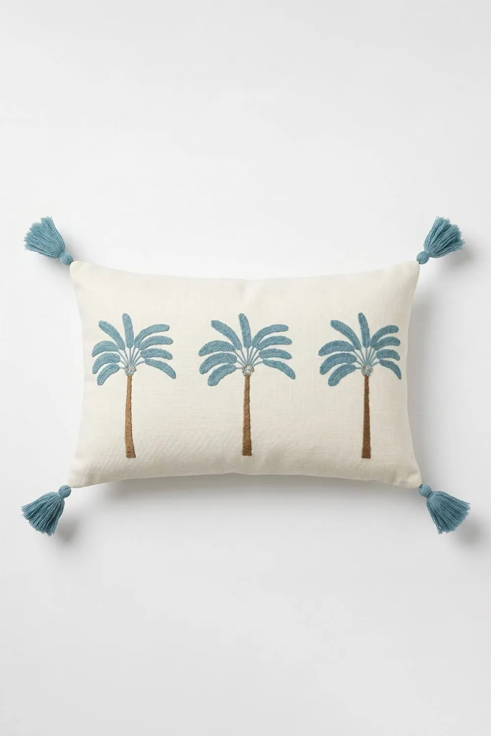 Homescapes White Embroidered Palm Cushion with Tassels, 30 x 50cm