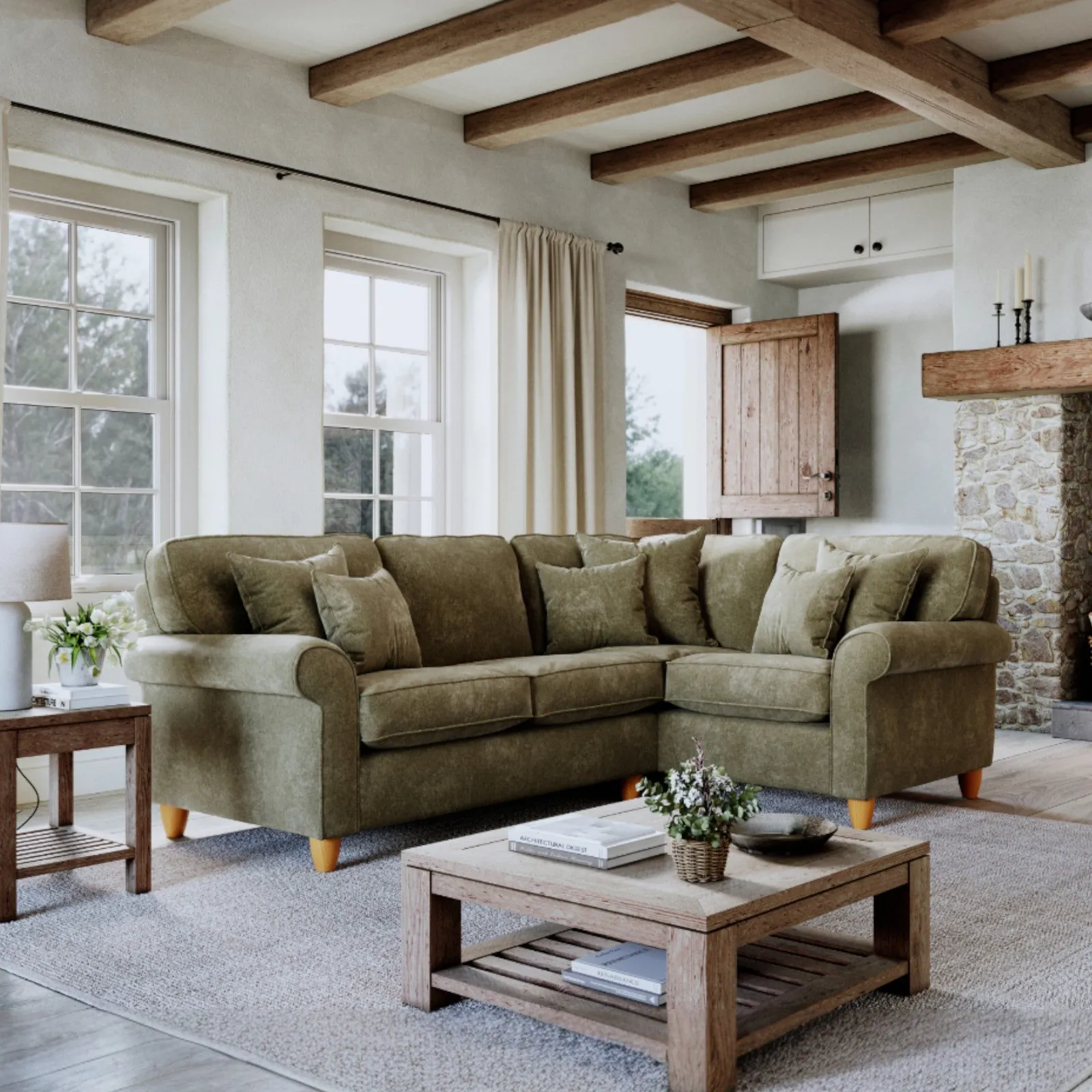 The Great Sofa Company Flora 2 Corner 1 Sofa Glory Winter Moss in Dark Green