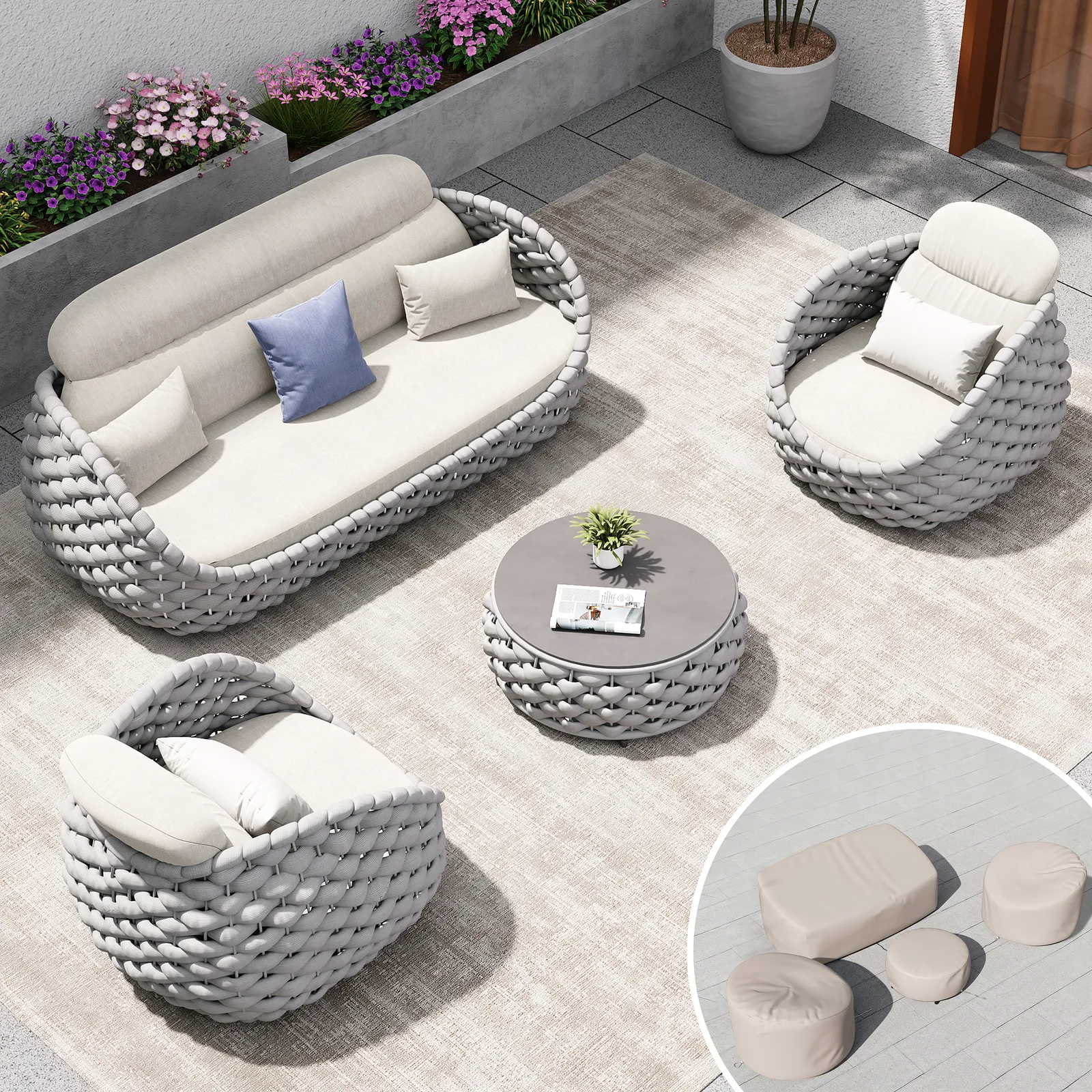 Cocaro 8-Piece Outdoor Rope Weave Swivel Sofa Set with Ivory Cover in Grey & White
