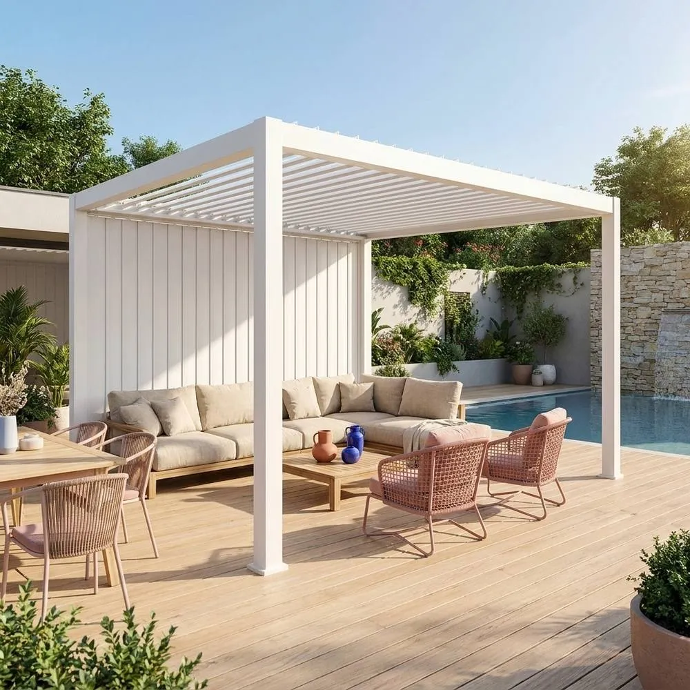 sweeek Louvered pergola 4x3m & 4m vertical adjustable louver panel in White