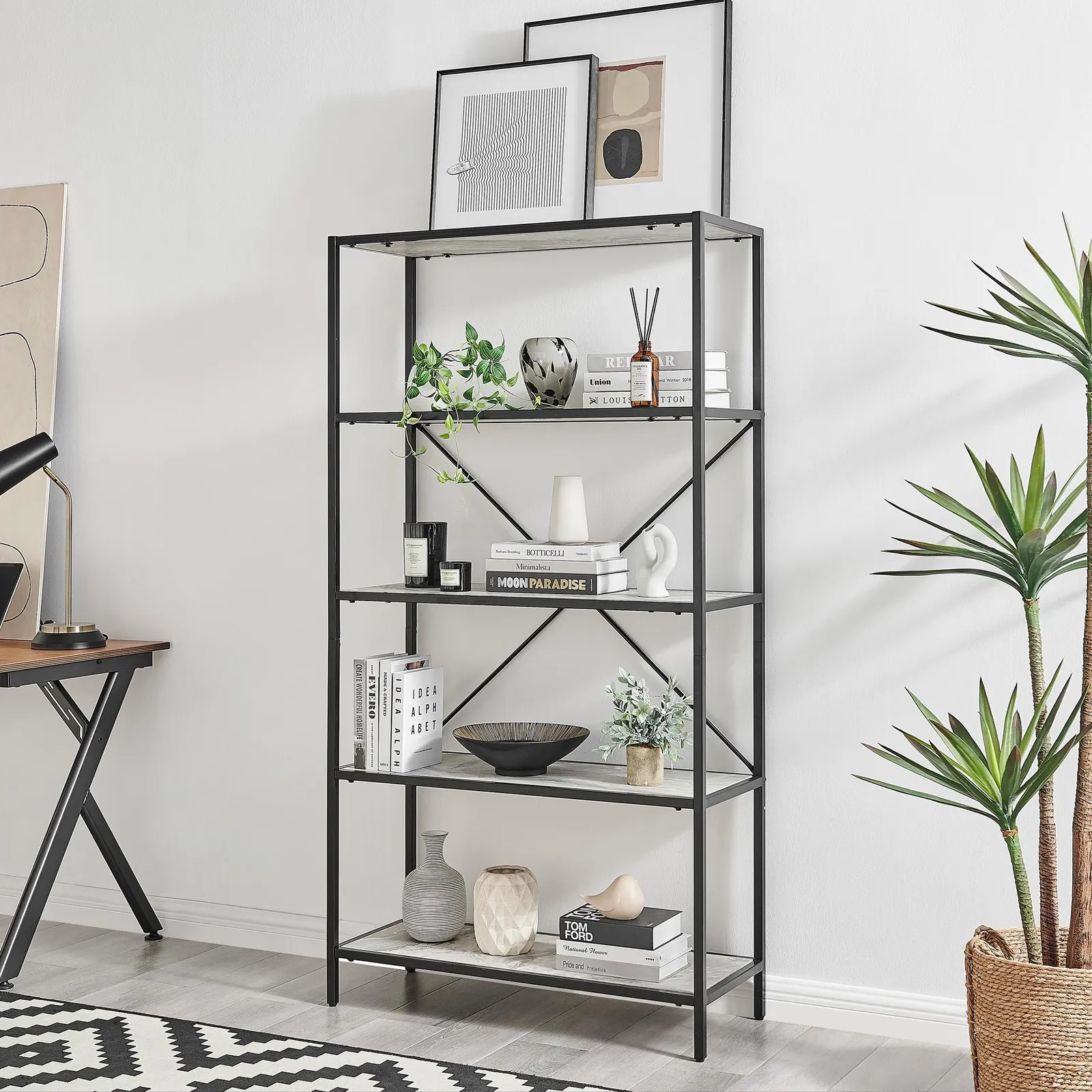 FurnitureboxUK Ashton Industrial Black Metal Box Shelf Unit With 5 Scratch Resistant Melamine Coated Shelves Supporting 10KG Each in Off-White 1