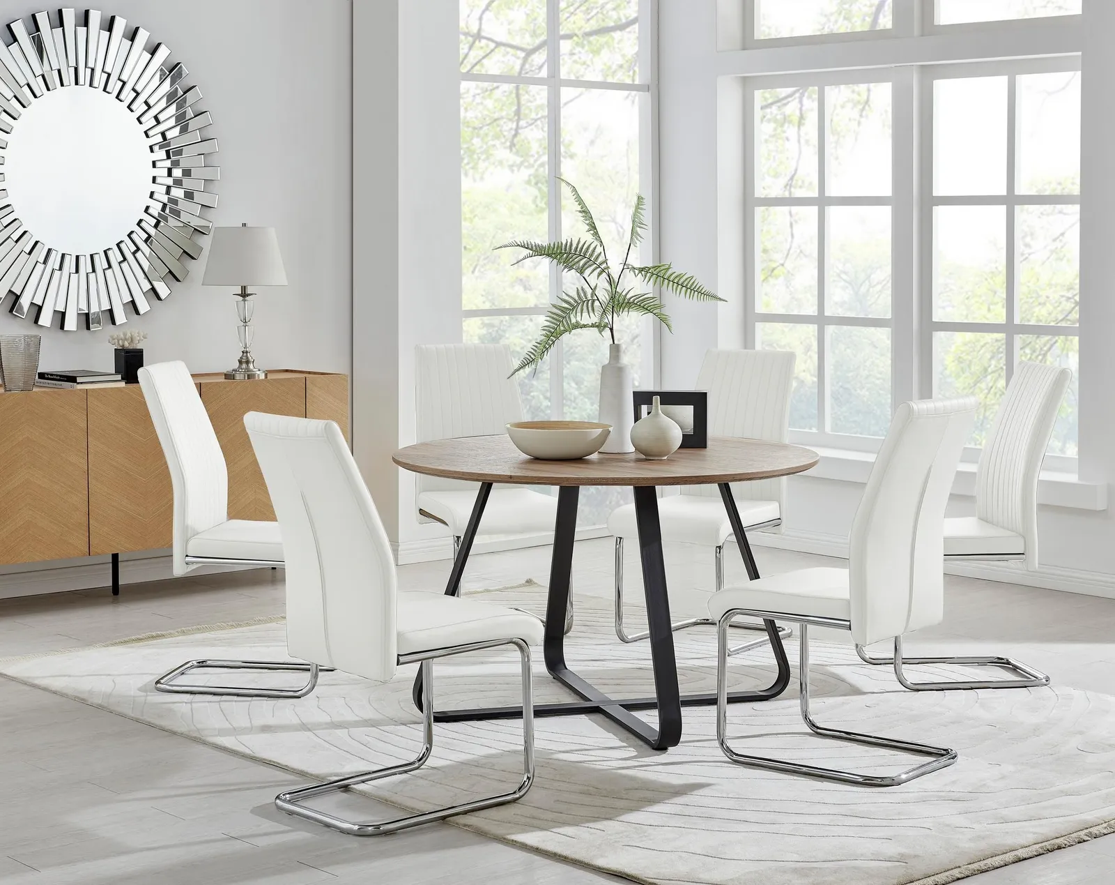 FurnitureboxUK Santorini Brown Wood Effect Dining Table & 6 Black Lorenzo Chairs in Off-White 1