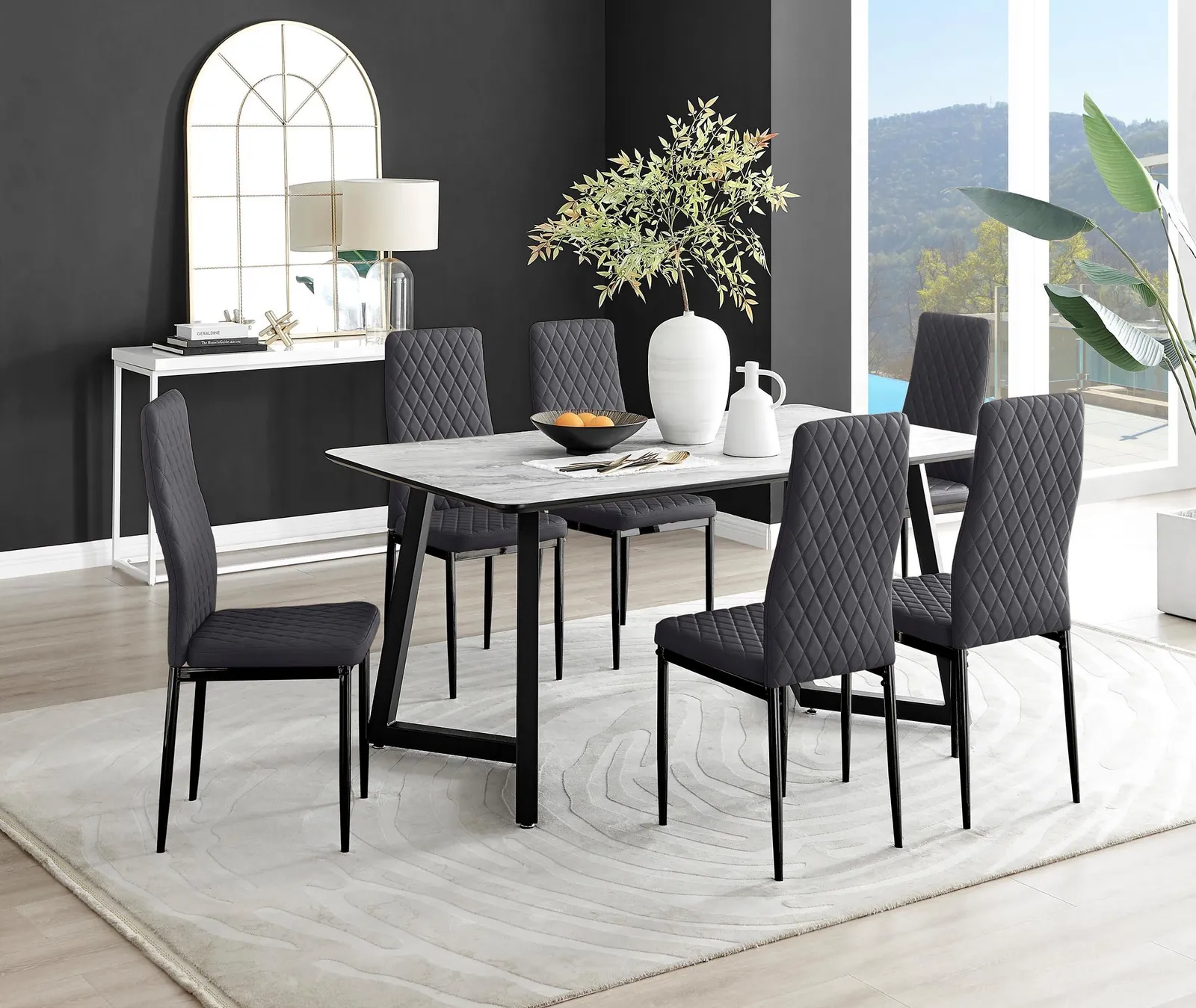 FurnitureboxUK Carson White Marble Effect Dining Table & 6 Velvet Milan Black Leg Chairs in Grey
