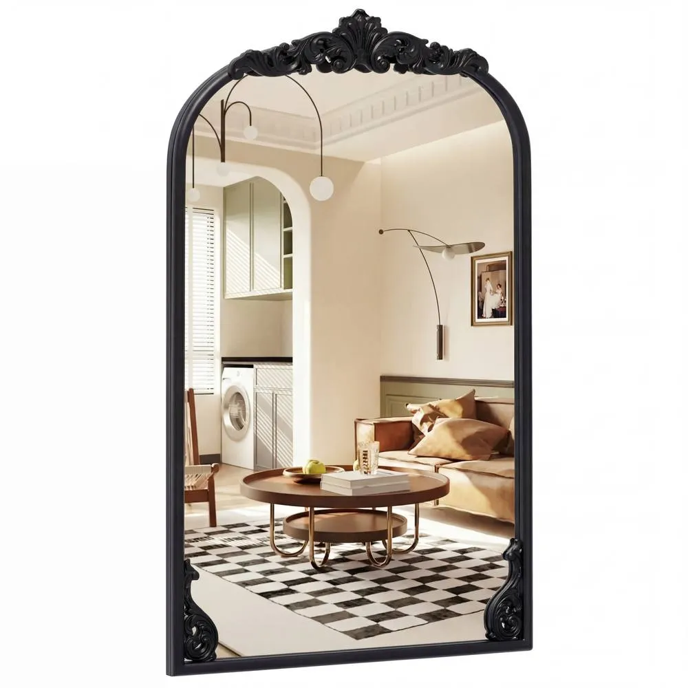 Costway Wall Mirror 76 cm x 51cm Arched Mirror w/ Baroque Ornate Frame in Black 3