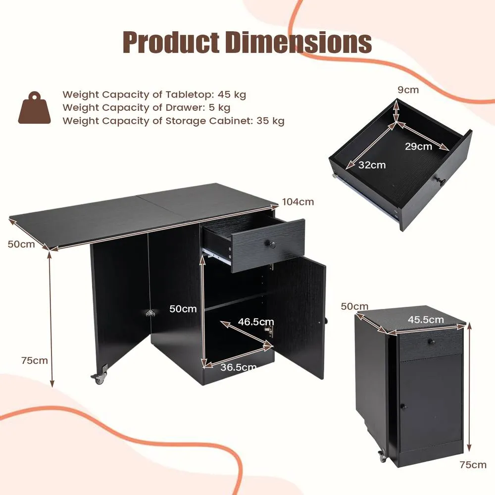 Costway Folding Dining Table Drop Leaf Table w/Drawer in Black 2