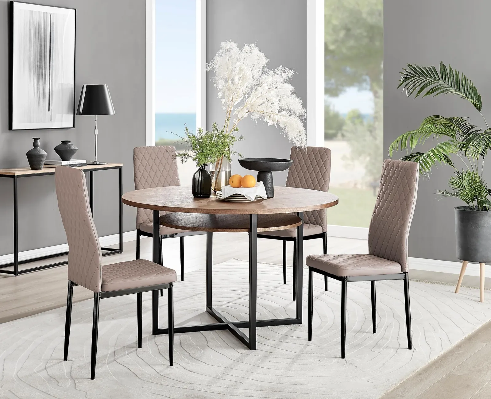 FurnitureboxUK Adley Brown Wood Storage Dining Table & 4 Milan Black Leg Chairs in Beige 1
