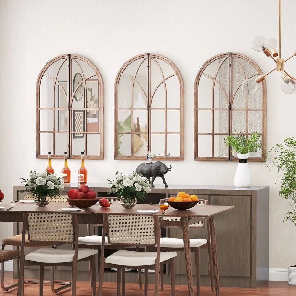 Costway Arched Window Pane Mirror Farmhouse Wall Mounted Decorative Mirror in Natural 6