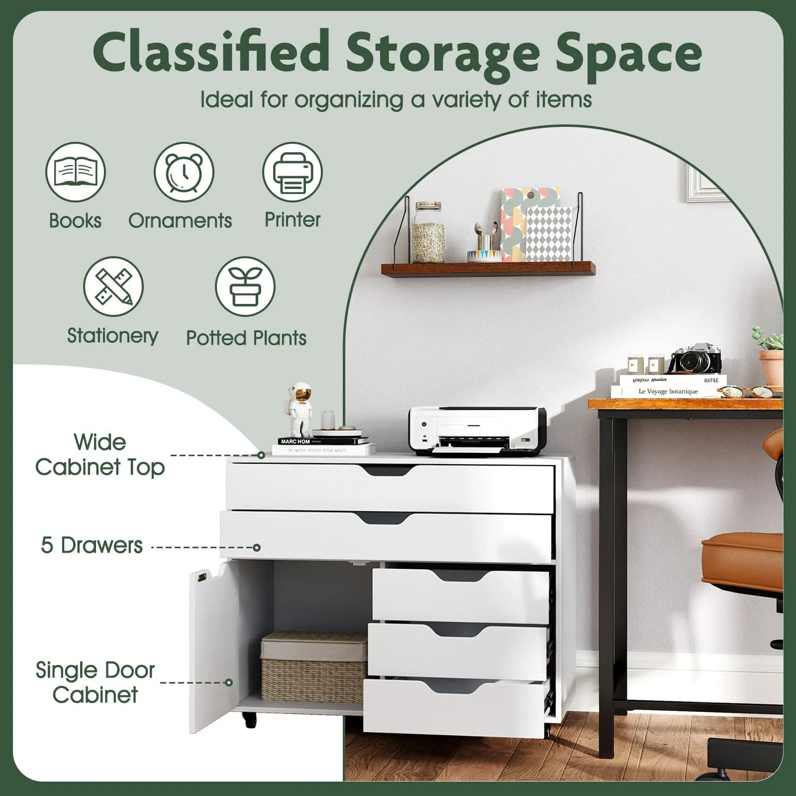 Costway 5-Drawer Chest Mobile Chest of Drawers with 5 Casters & Door-White in White 3