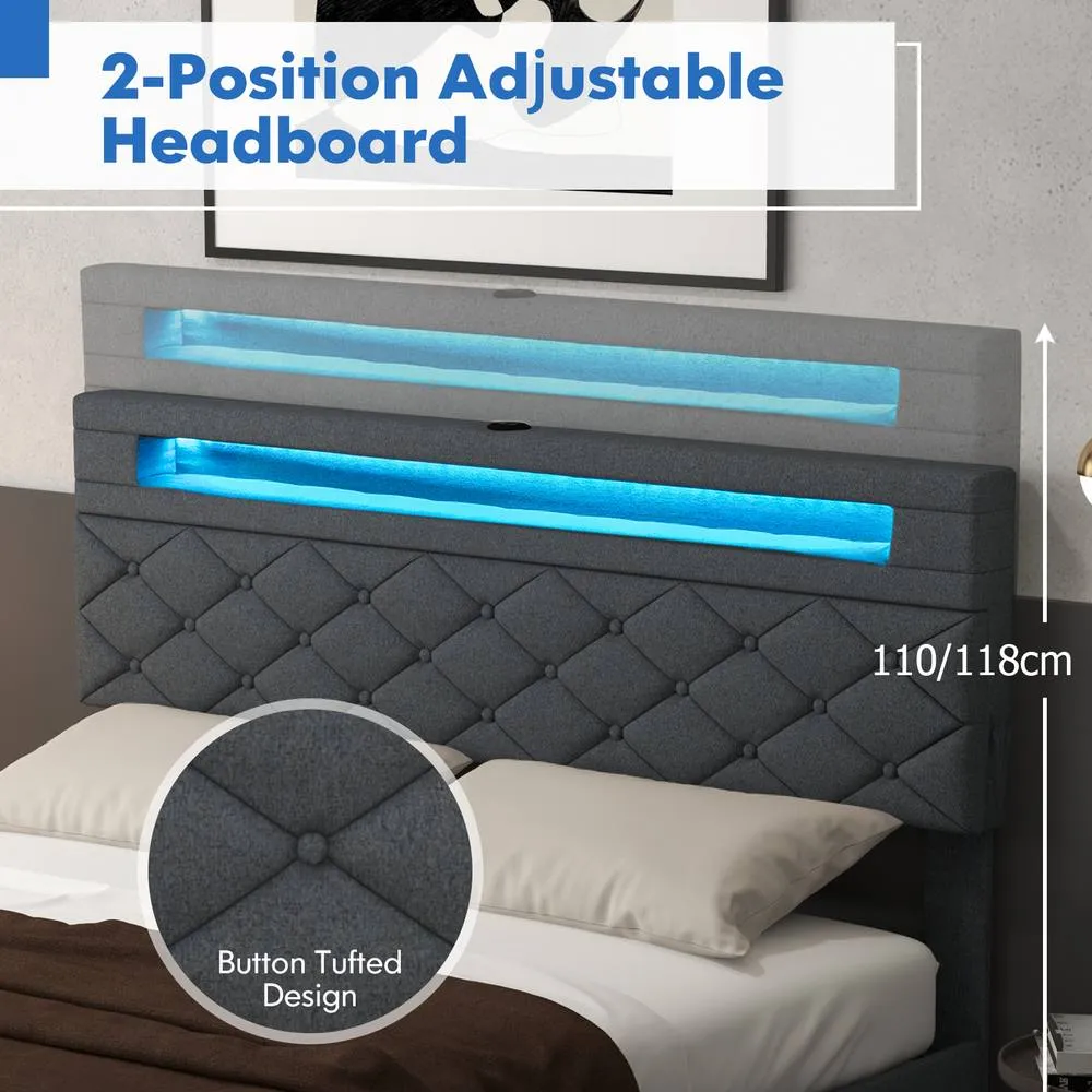 Costway Double Size Bed Frame w/ Led Lights & Charging Station-Grey in Grey 6