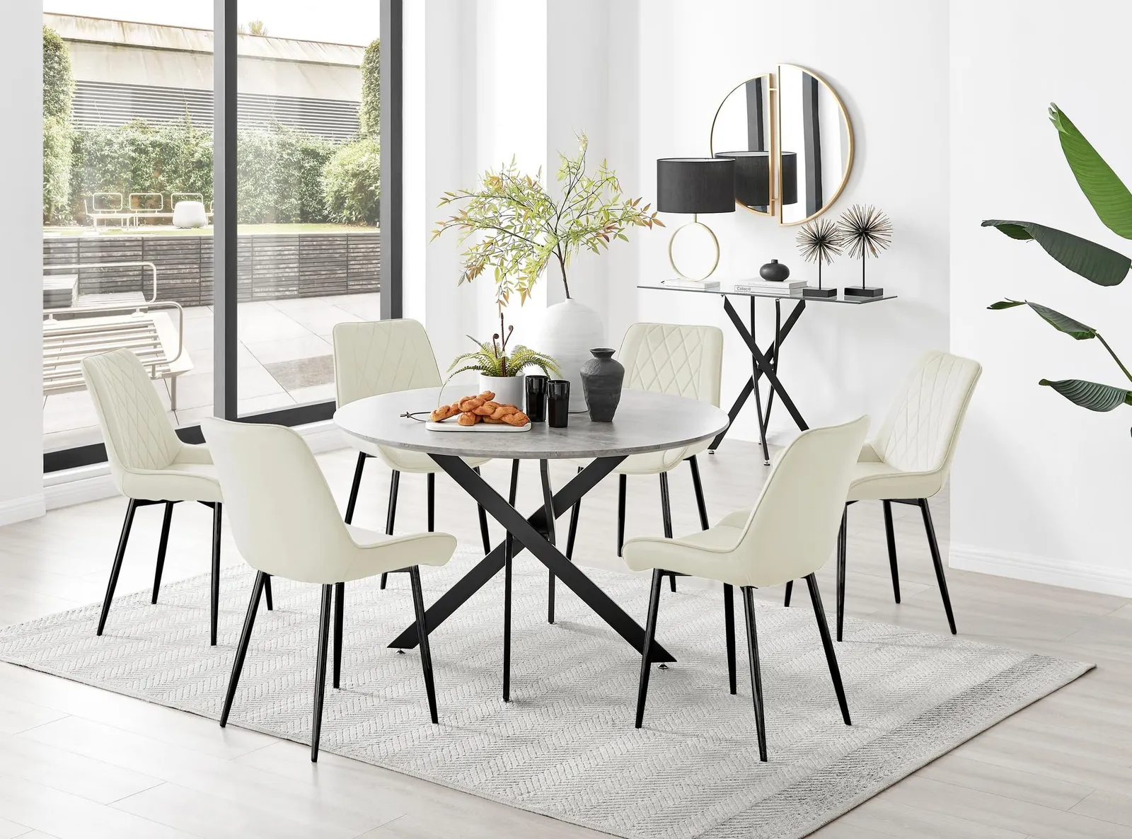 FurnitureboxUK Novara Grey Concrete Effect Black Leg 120cm Round Dining Table & 6 Pesaro Black Leg Chairs in Cream 1