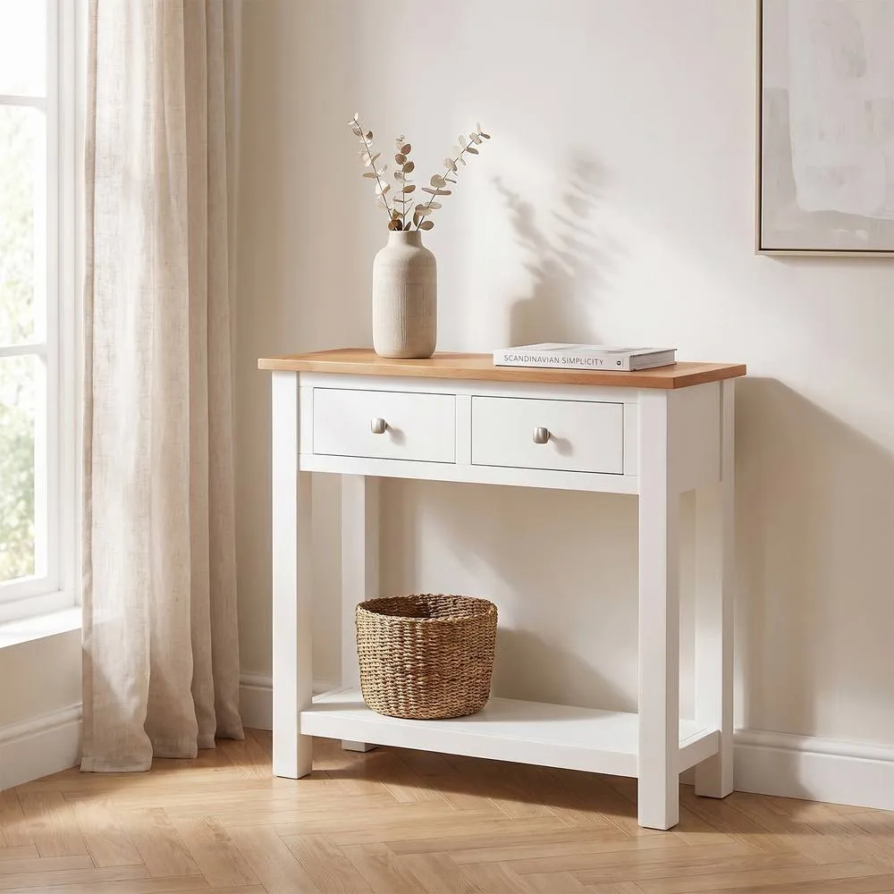 Seconique Cambridge 2 Drawer Console Table - Linen/Oak (Part assembled) in White