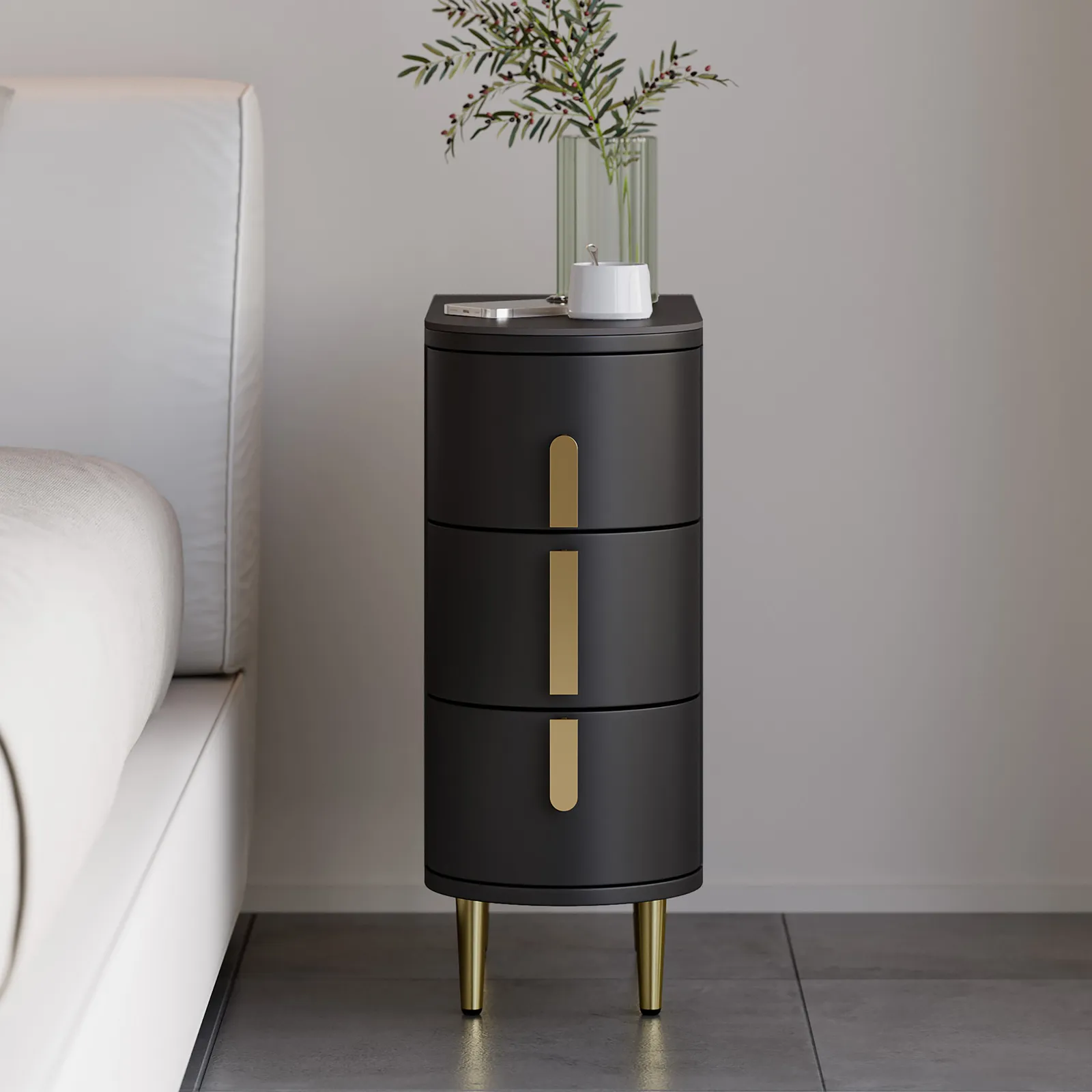 Modern Black Narrow 3 Drawer Nightstand Sintered Stone Top Bedside Table Set of 2