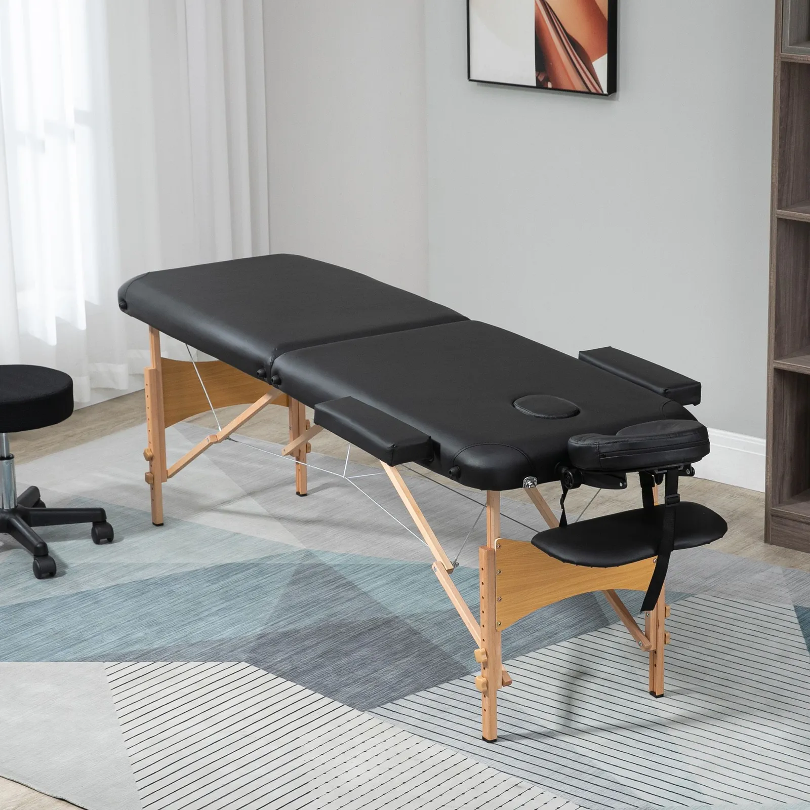 HOMCOM Wooden Folding Spa Beauty Massage Table w/ 2 Sections, Carry Bag in Black 1