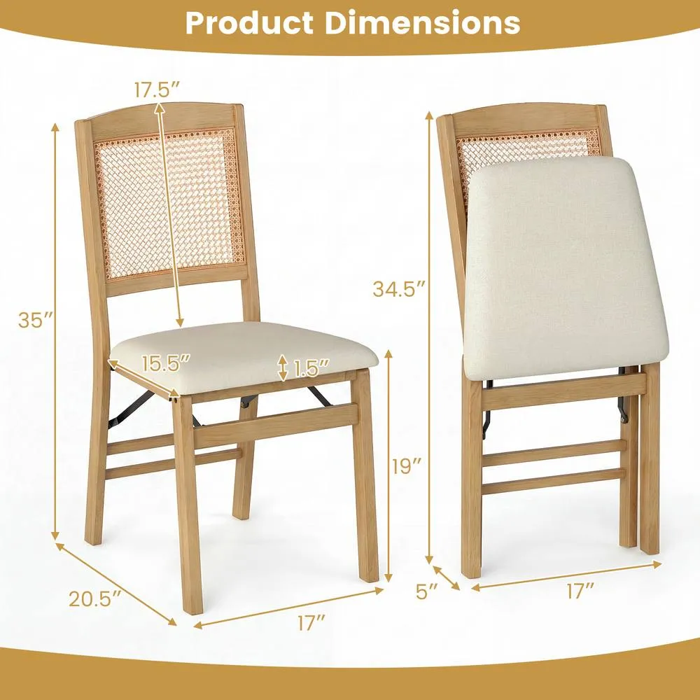 Costway Folding Chairs Set of 2 Rubber Wood Dining Chairs w/Linen Padded Seat in Natural 2