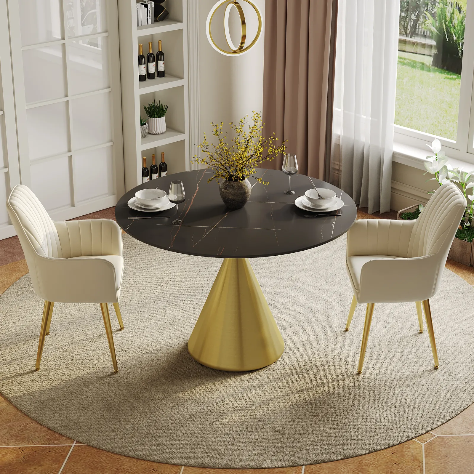 1000mm Sintered Stone Round Dining Table with Brushed Gold Base Seats 2-4 People