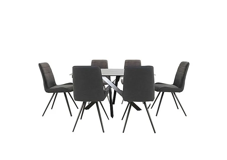 Samurai Compact Dining Table with White Ceramic Top and 6 Velvet Chairs - Grey