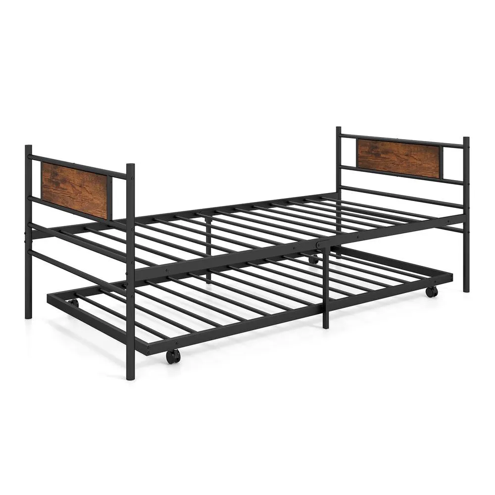 Costway Metal Daybed with Pull out Trundle Single Sofa Guest Bed with Headboard in Brown 2