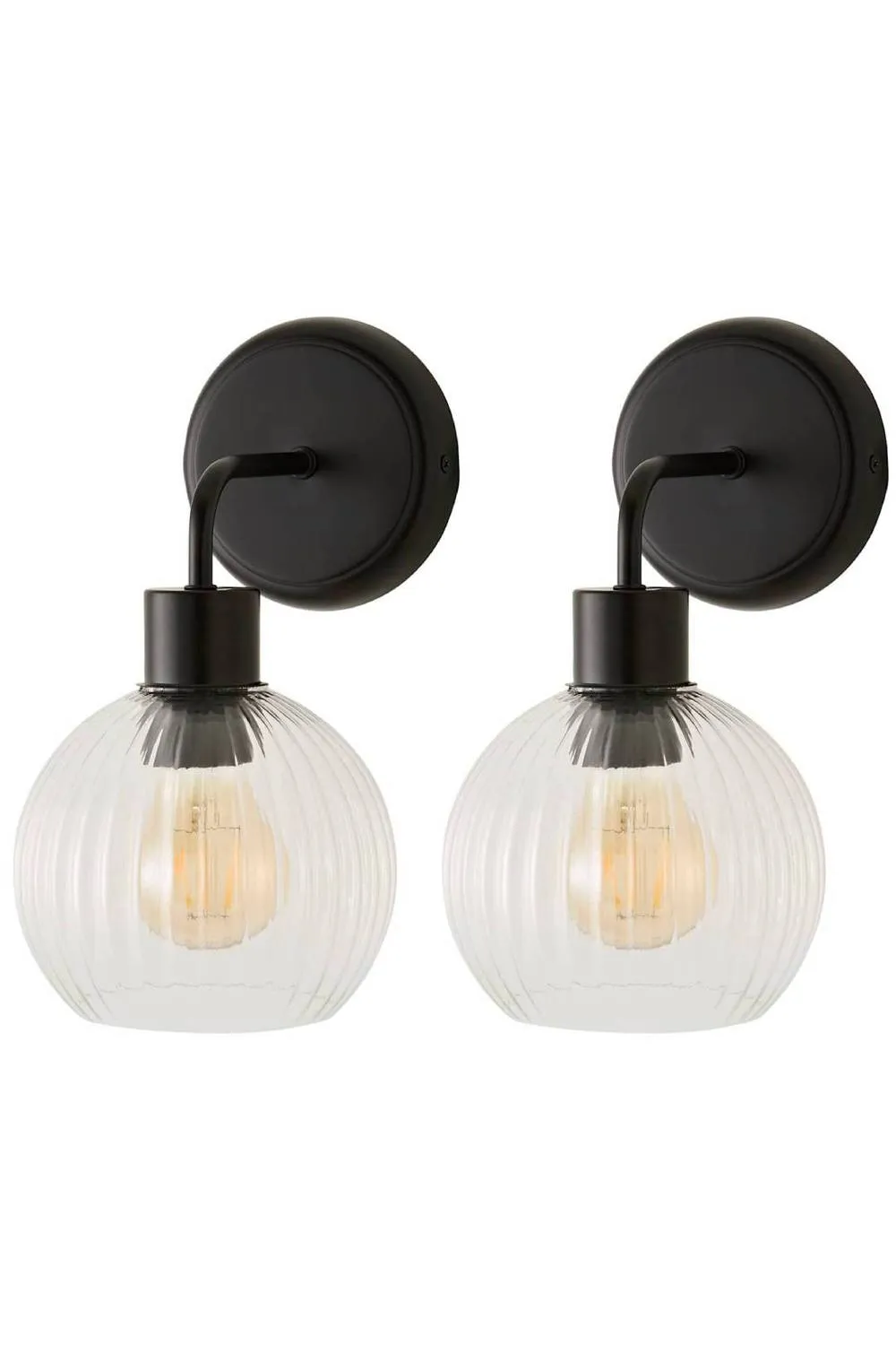 ValueLights Maddison Pair Clear Ribbed Glass Globe Metal Wall Lights & Bulbs in Black