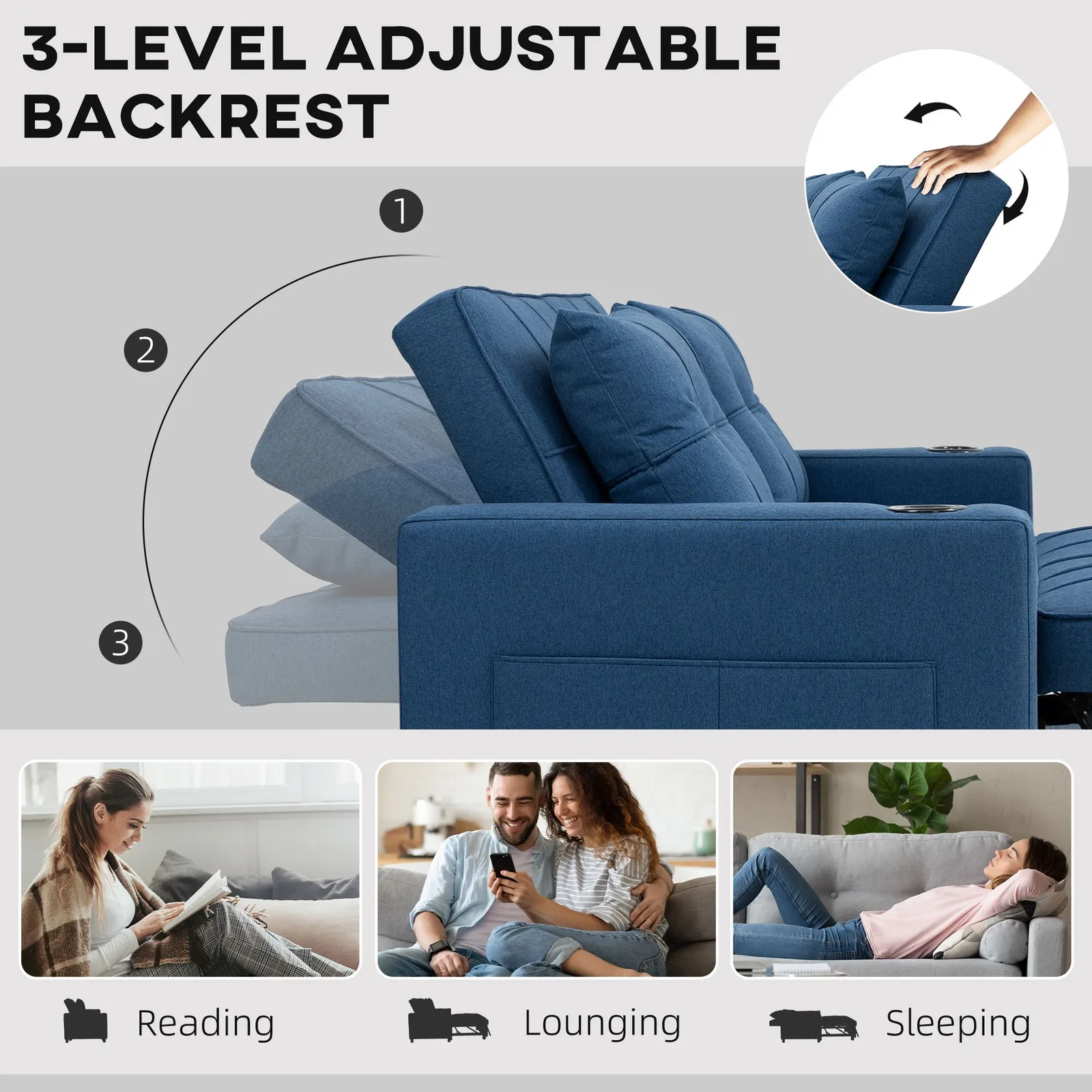 HOMCOM 2 Seater Pull Out Sofa Bed with Pockets for Living Room Dark Blue 6