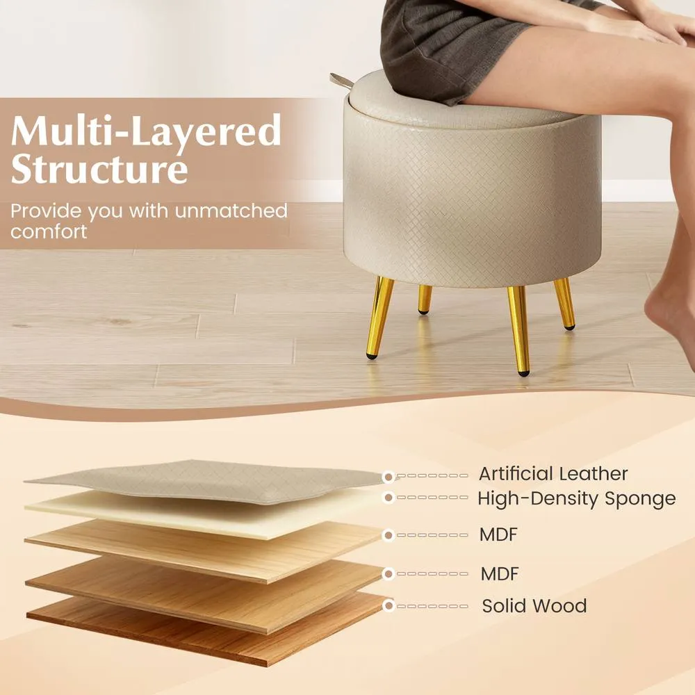 Costway Storage Ottomans Set of 2 Leather Upholstered Round Footrests in Beige 2