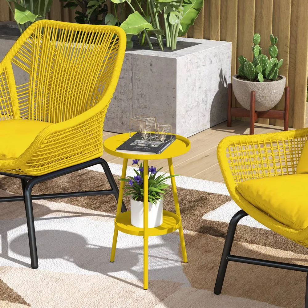 OUTSUNNY Round Garden Table, 2-Tier Metal Patio Table Coffee Table, Yellow
