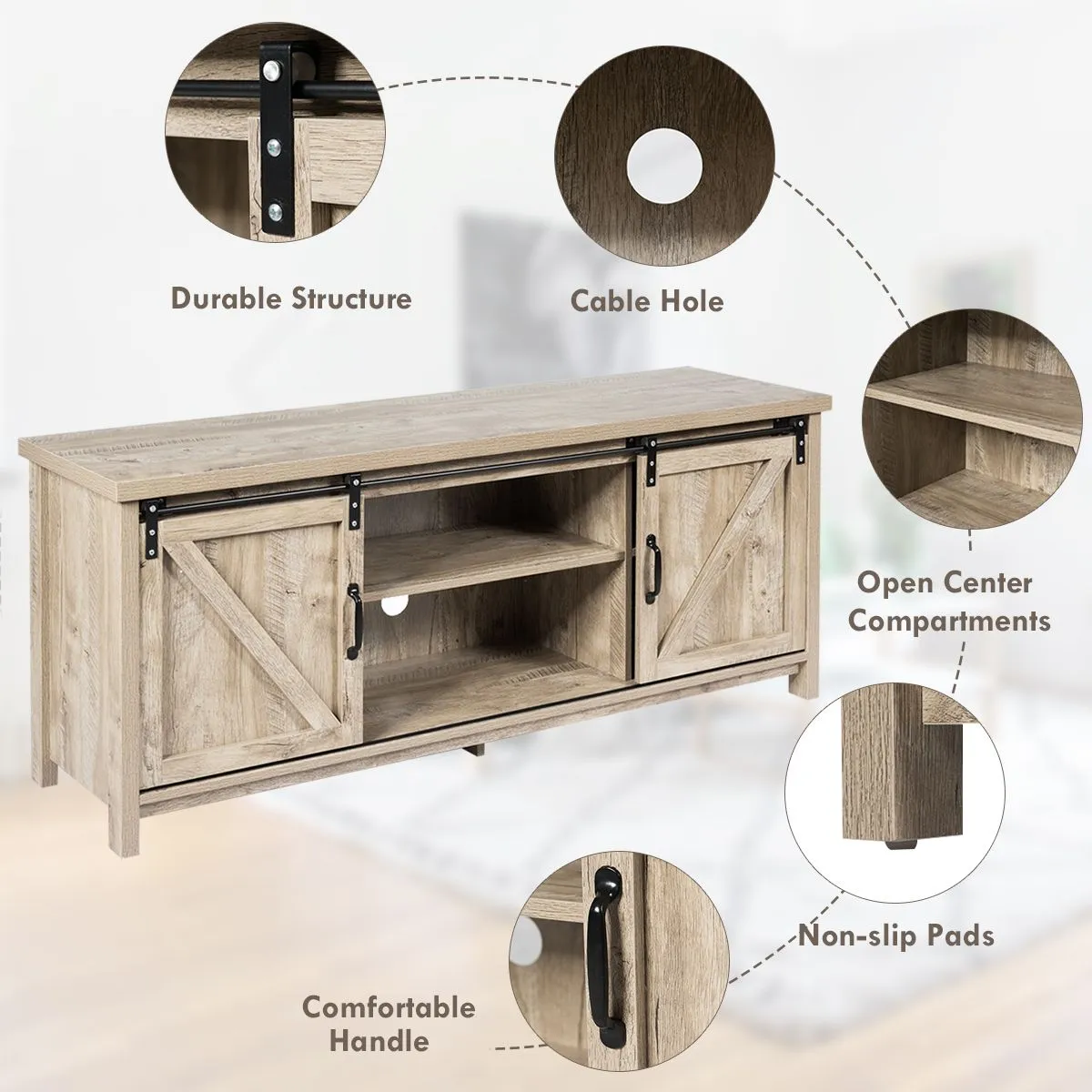 Costway Modern TV Cabinet for 60" Wooden Media Storage Shelves Stand W/ Cabinets in Grey 4