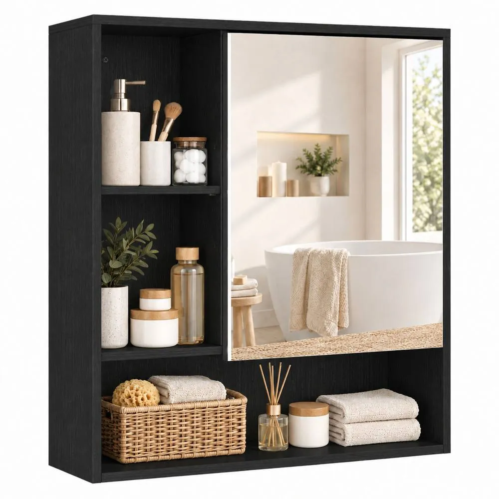 HOMCOM Bathroom Mirror Cabinet, Wall-Mounted, Adjustable Shelves in Black