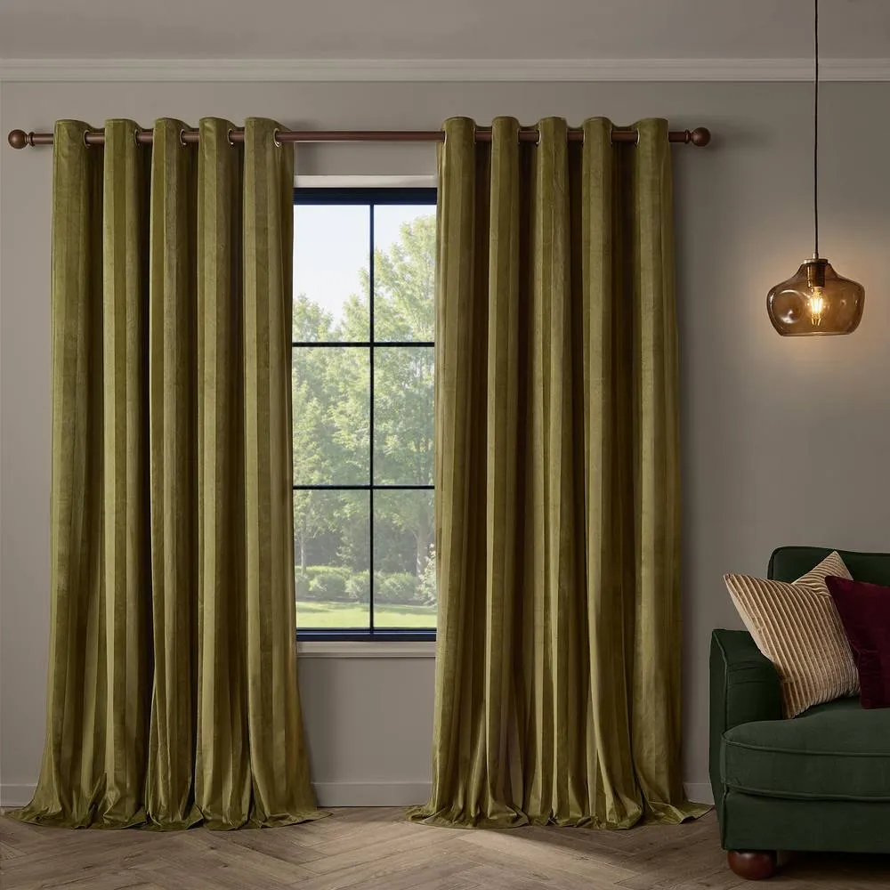 Paoletti Regency Stripe Velvet Fully Lined Eyelet Curtain Pair in Olive 2