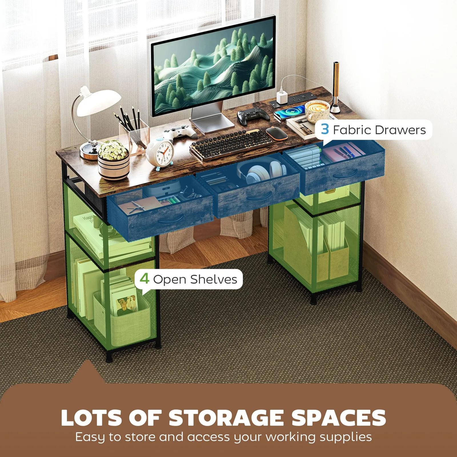 HOMCOM Computer Writing Desk with Power Outlets, Drawers, Shelves, Brown 4