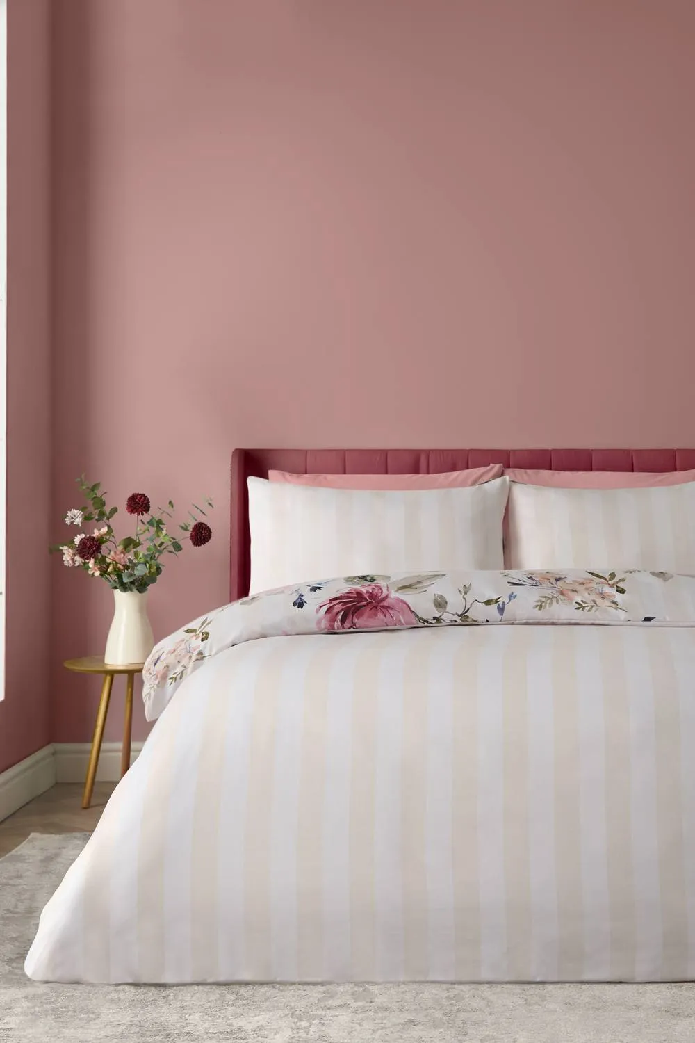 Catherine Lansfield Floral Stripe So Soft Reversible Duvet Cover Set in Cream 2