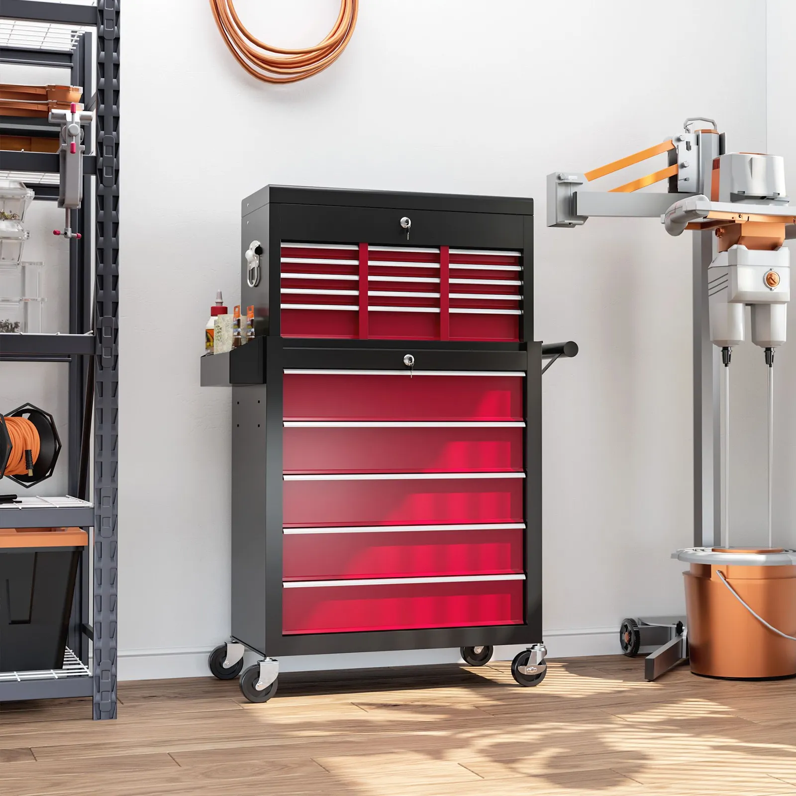 HOMCOM Rolling Tool Cabinet on Wheels with 14 Drawers, Pegboard & Side Rack, Lockable Top Tool Chest & Roller Cabinet Combo for Workshop & Hom in Red