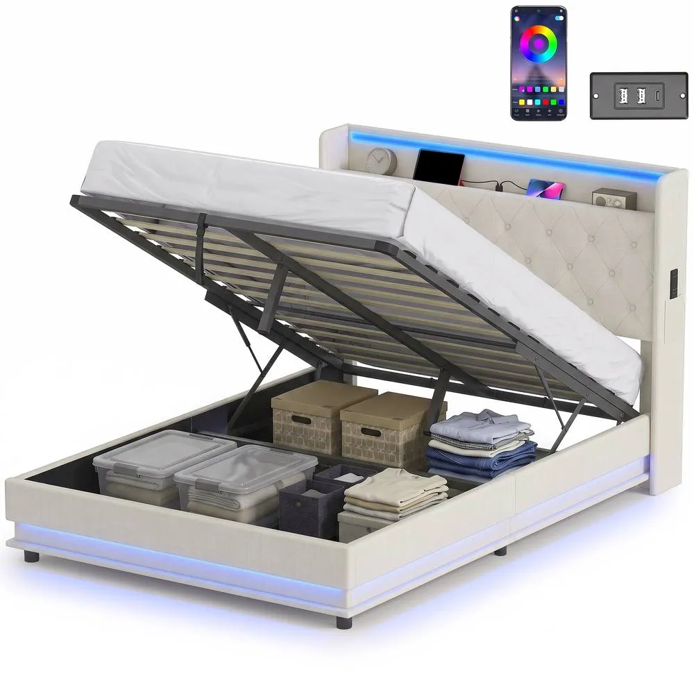 HOMCOM Lift up Storage Bed Frame with RGB LED Lights, 135 x 190cm, Cream