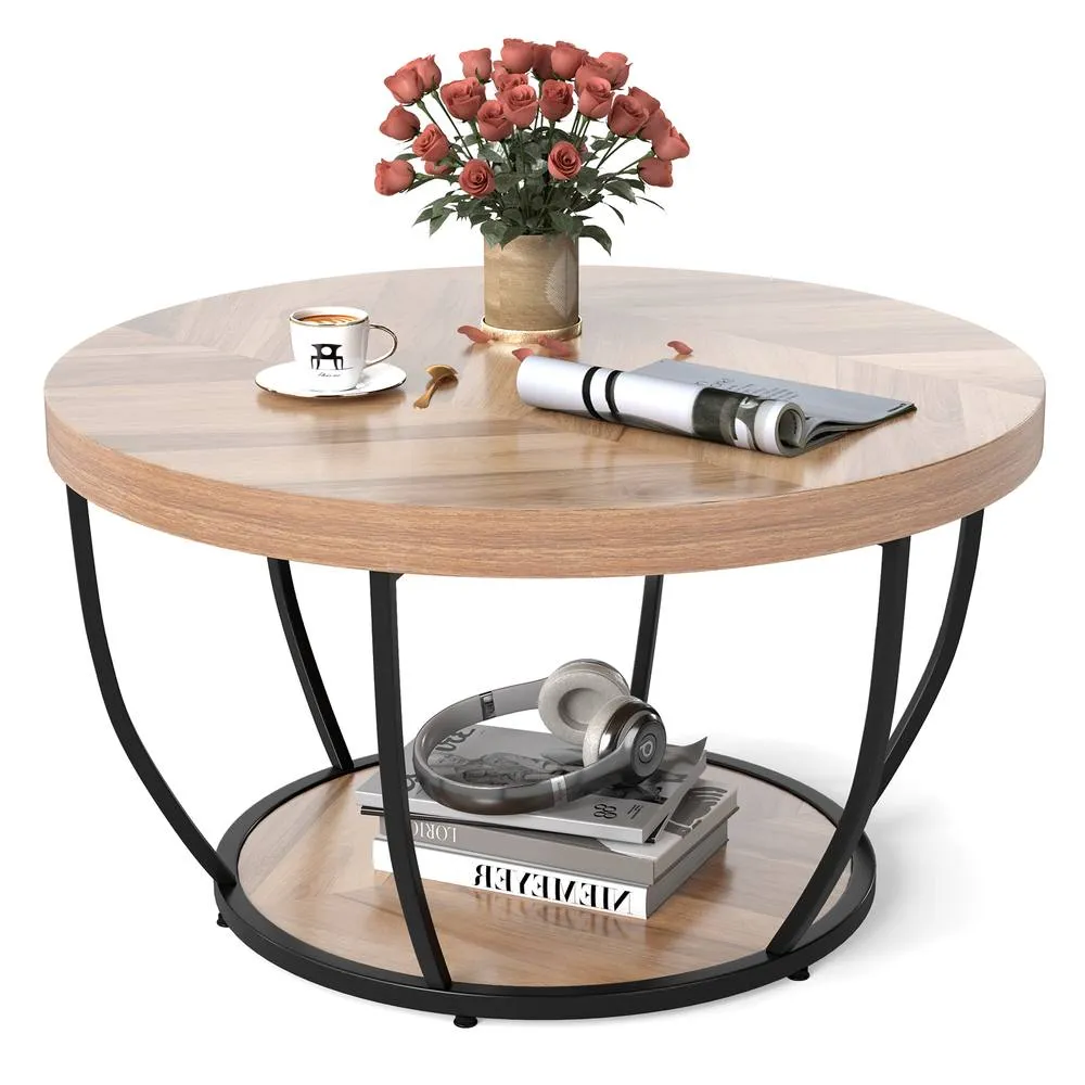 Costway 2-Tier Round Coffee Table with Heavy-duty Metal Frame in Natural