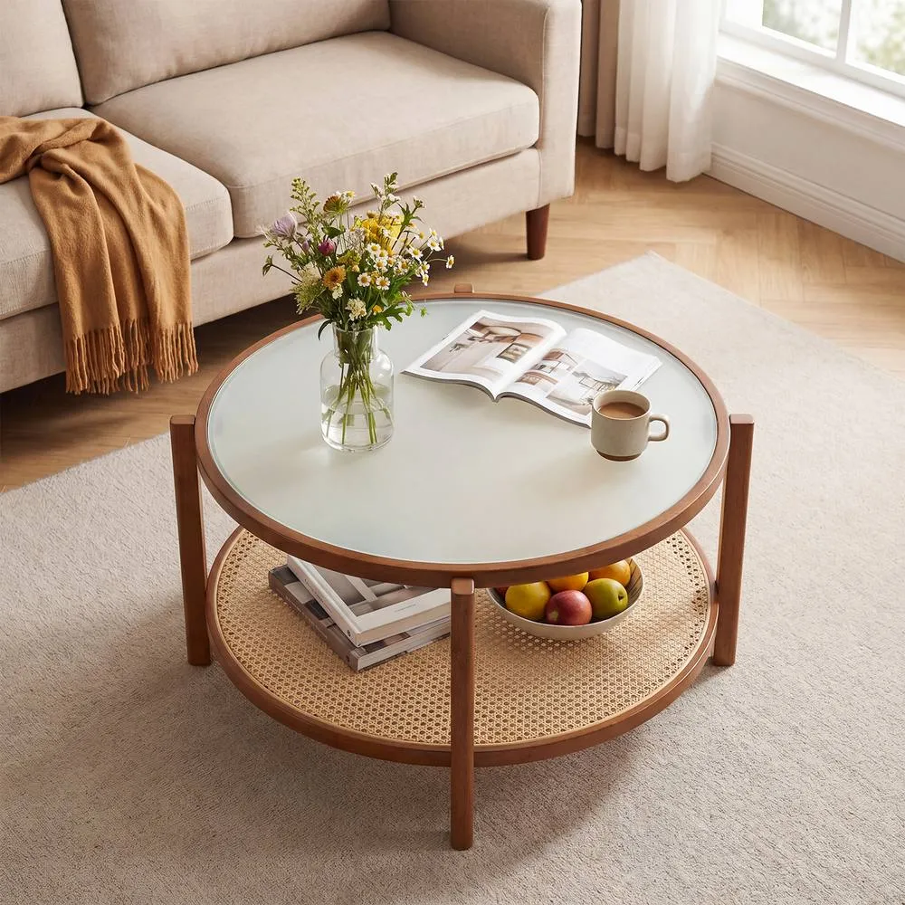 Costway Rattan Round Coffee Table 2-Tier Table w/ Frosted Glass Top in Brown 3