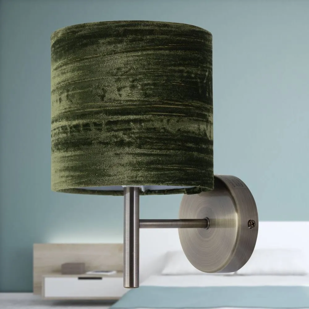 First Choice Lighting Brea - Antique Brass Wall Light with Green Crushed Velvet Shade in Gold 3