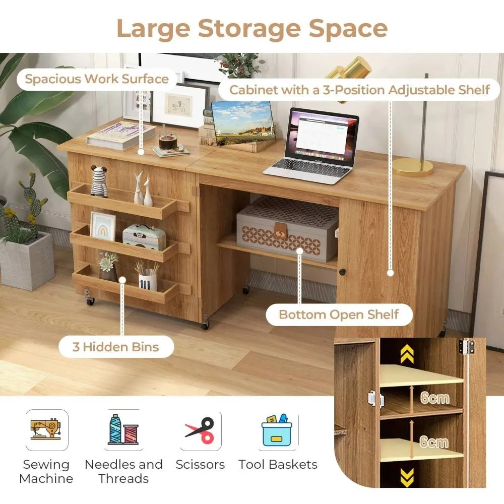 Costway Large Foldable Sewing Table Rolling Drop Leaf Craft Table with Lockable Casters in Natural 6
