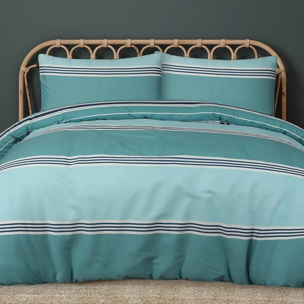 Smart Living Printed Reversible Polycotton Banded Stripe Duvet Cover & Pillowcase in Teal