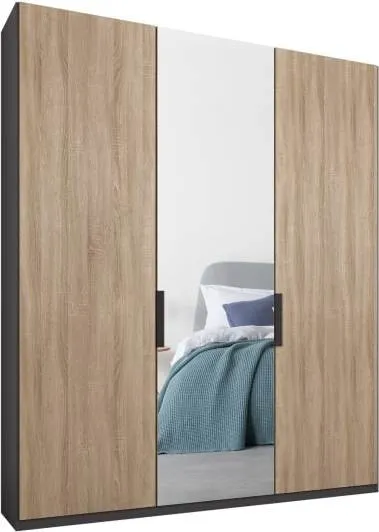 Caren 3 door 150cm Hinged Wardrobe, Graphite Grey Frame, Oak and Mirror Doors