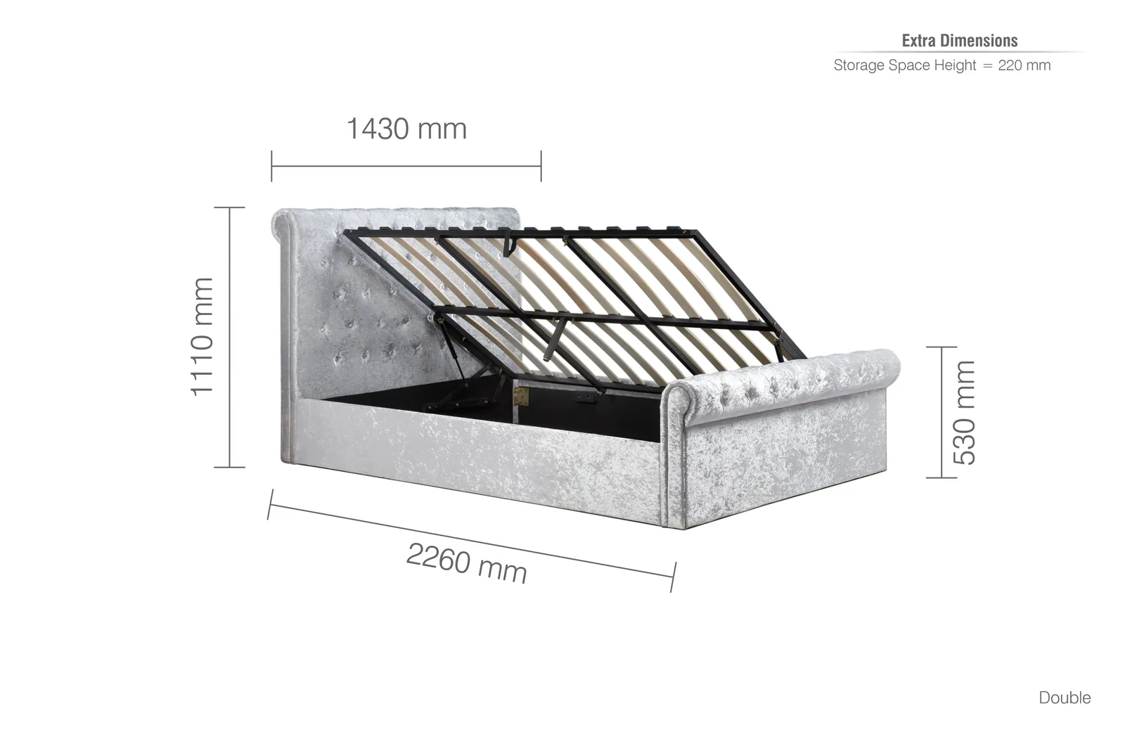 Birlea Grey Fabric Ottoman Bed Frame Storage Sienna Crushed Velvet in Metallic Silver 6
