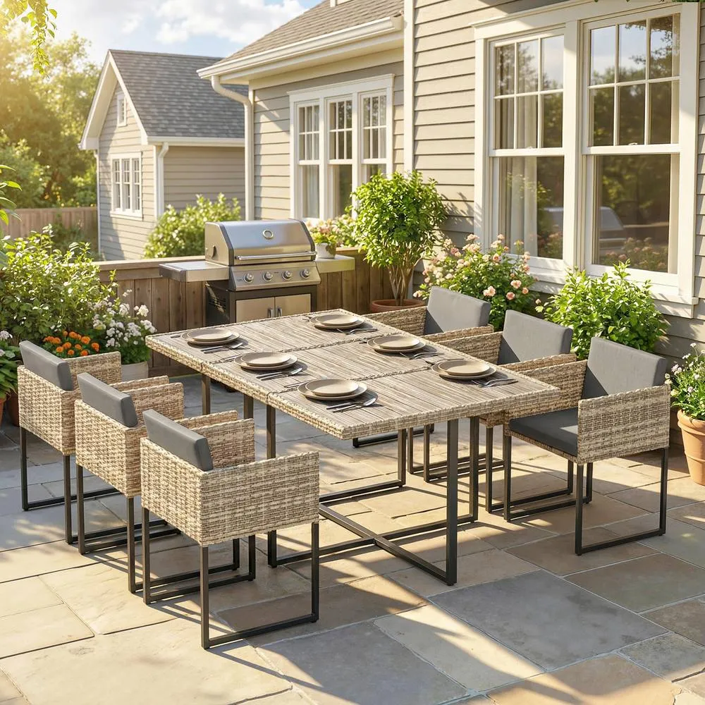 OUTSUNNY Rattan Garden Furniture Set, Rattan Table & Chairs with Cushions in Light Brown 1